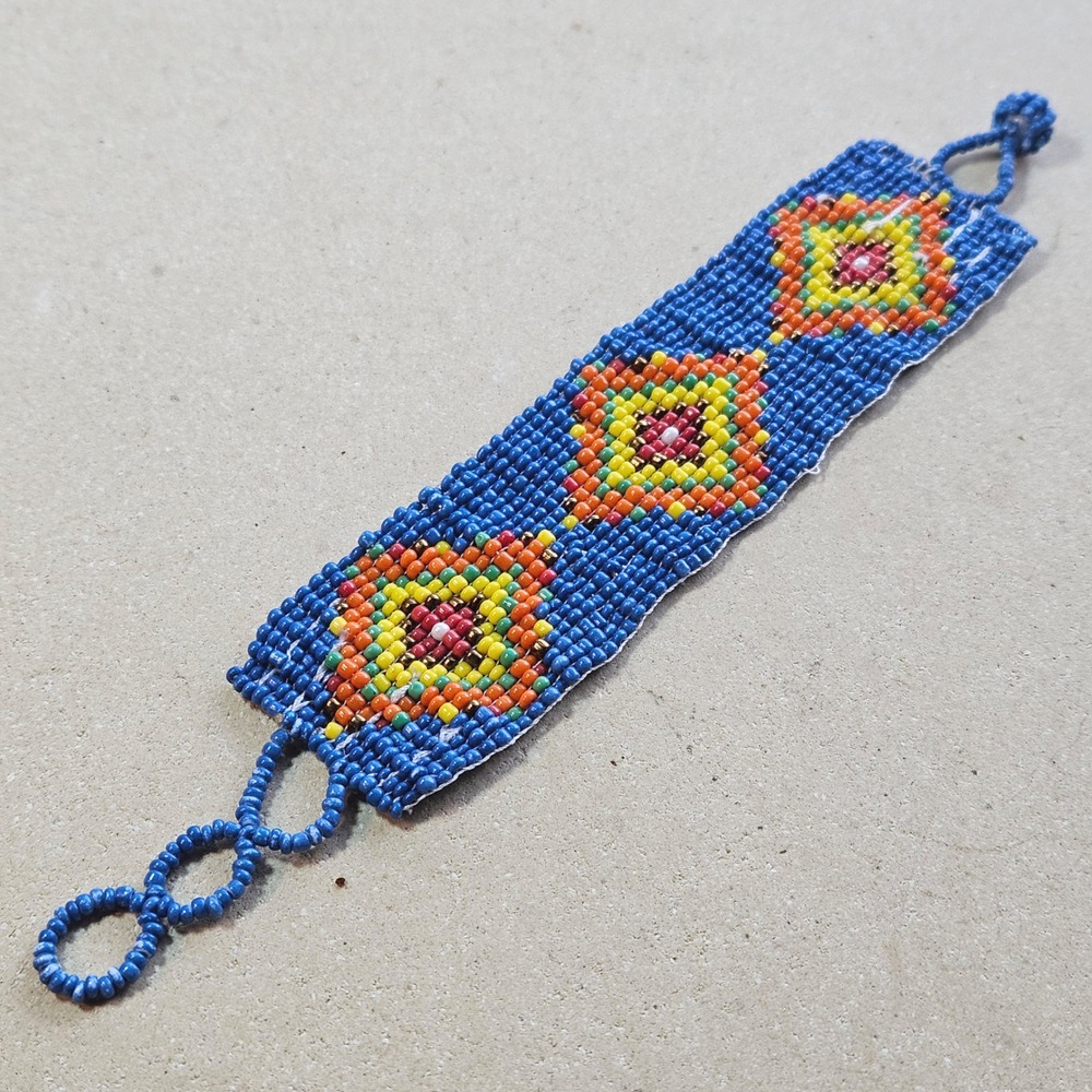Handmade Loom Beaded Cuff Bracelet Blue Geometric Diamond Seed Bead Boho Folk‎